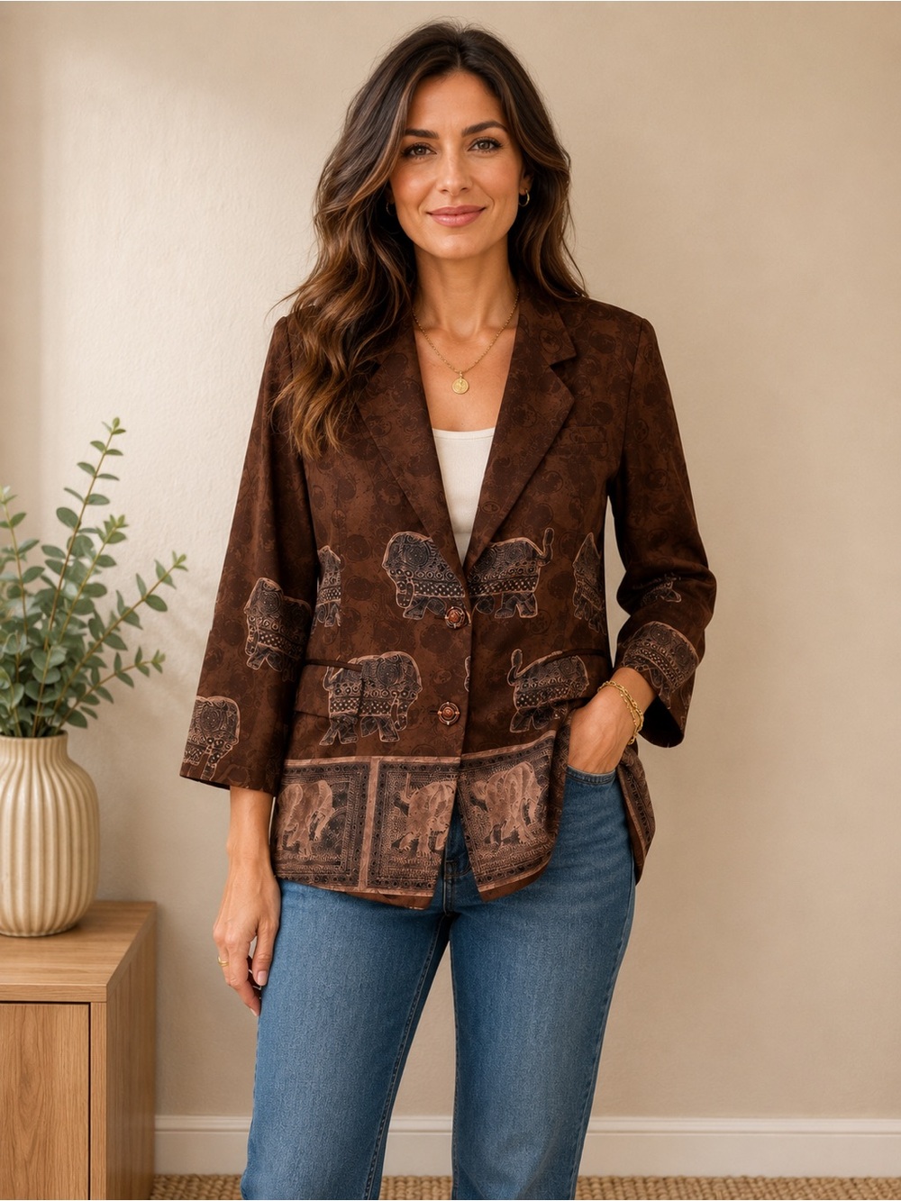 Raga Wear Brown Elephant Print Boho Blazer XL